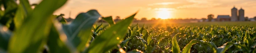 A cornfield at sunset with a barn and grain bins in the distance.
