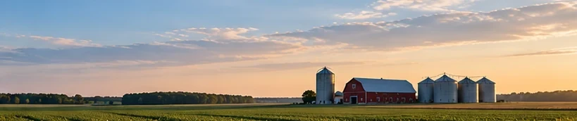 Farmland at dusk with a red barn and grain bins.