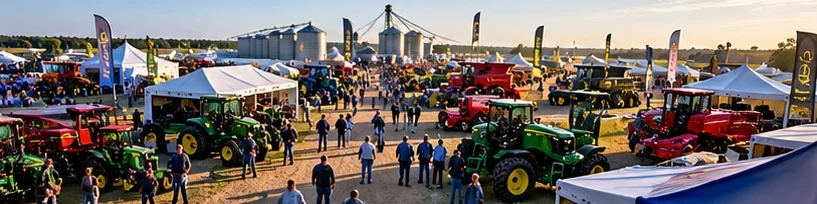 An outdoor farm show with rows of tractors, exhibitor tents and grain bins.