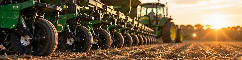 A row of planter units in a field at sunset, with a tractor behind.