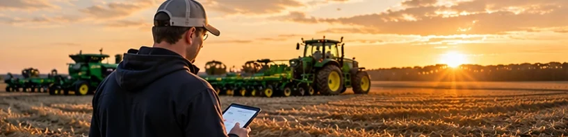 A rep checking a tablet in a harvested field, with a tractor and planter behind him.