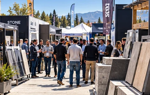 Visitors walking between stone and tile displays at an outdoor building-materials show.