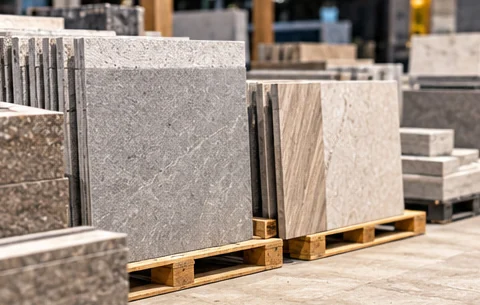Stacks of stone slabs and pavers on pallets in a material yard.