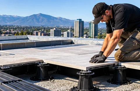 An installer setting a porcelain paver on rooftop pedestals.