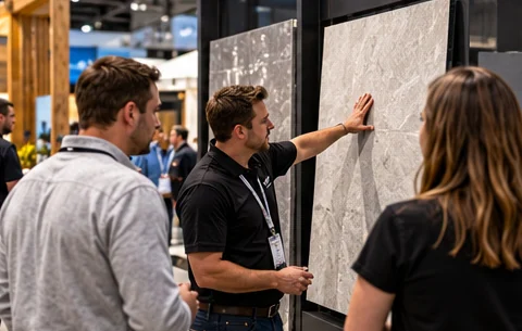 A sales rep showing a large-format stone panel to two customers.