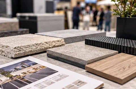 Stone, porcelain and wood-look samples laid out with a project brochure.