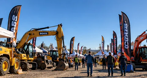 Excavators and exhibitor tents at an outdoor construction show.