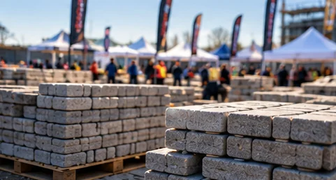 Stacks of pavers on pallets at an outdoor construction show.