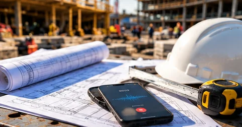 A phone recording on top of construction plans, next to a hard hat and tape measure.