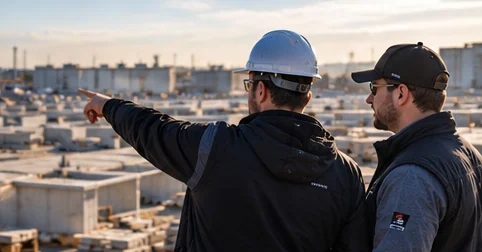 Two men in hard hats looking out over a construction site.