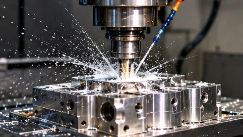 A CNC mill cutting an aluminium part, with coolant spraying.