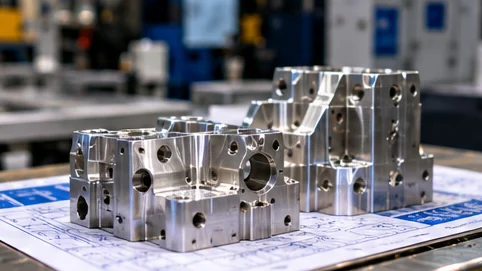 Precision machined aluminium parts resting on engineering drawings.