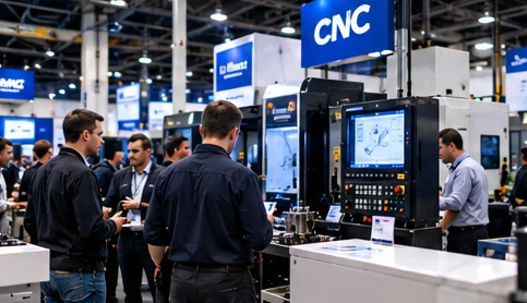 Visitors talking with exhibitors at CNC machines on a manufacturing show floor.