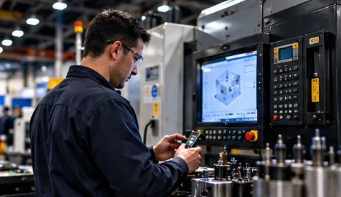 An operator checking his phone at a CNC machine.