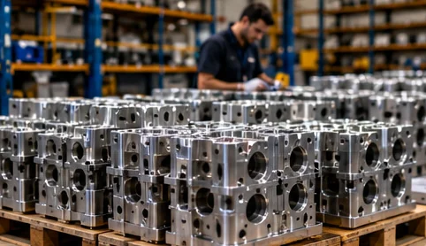 Pallets of finished machined parts in a plant, with a worker behind.