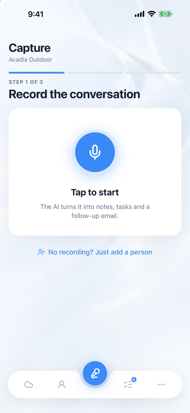 The Capture screen in the Instalead app with a single button to start recording.