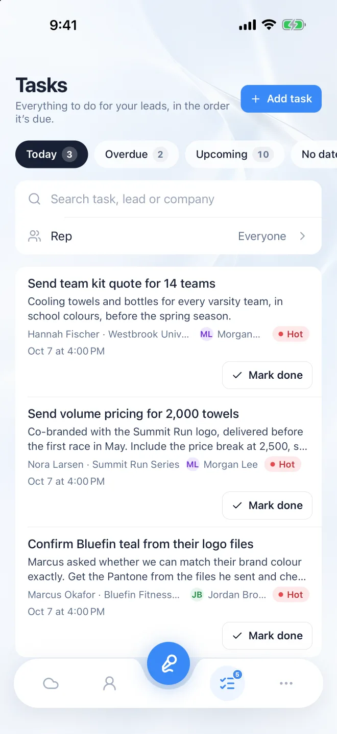 The Follow-ups screen listing today's tasks, each with a lead and a Mark done button.