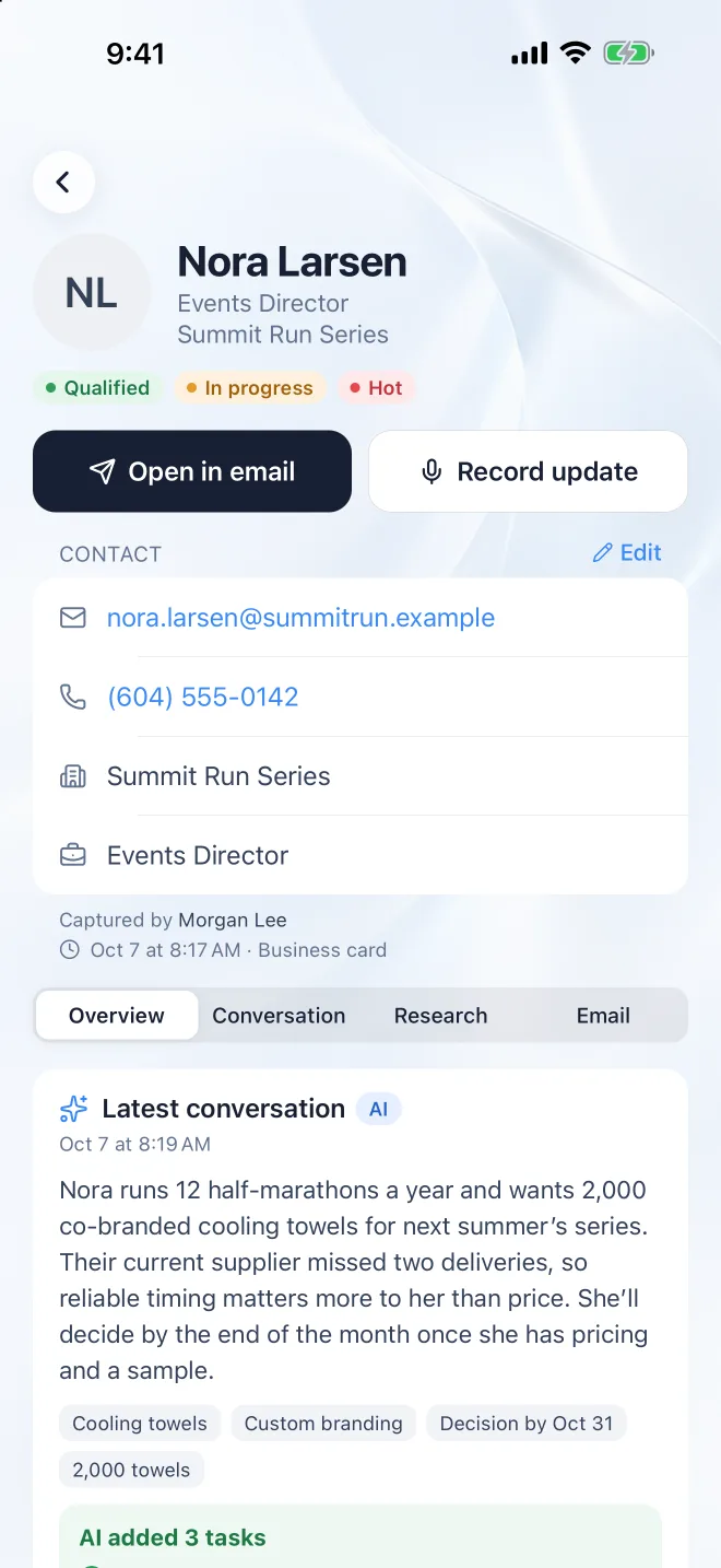 A lead in the Instalead app with AI-written notes, contact details and next steps.