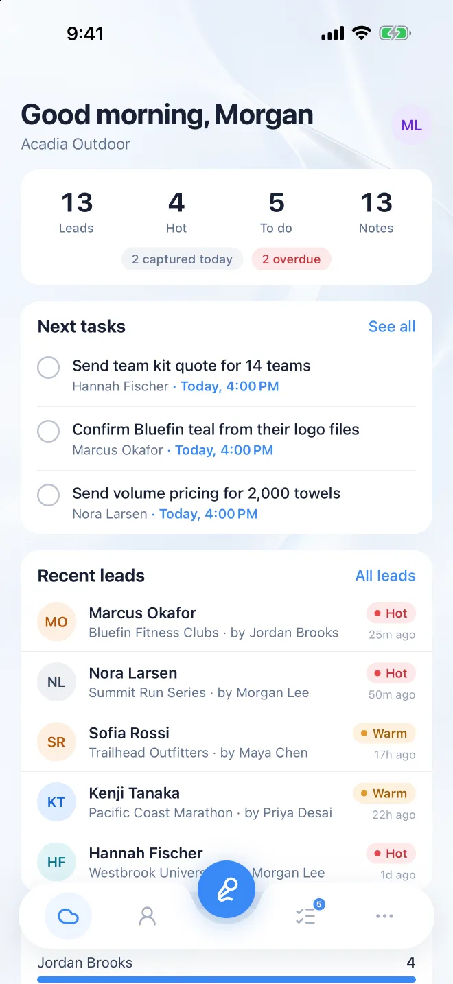 Home screen: leads, hot leads, follow-ups to do and recent leads.