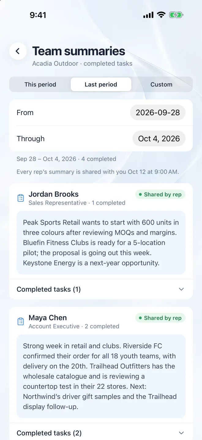 Team summaries written by AI for each rep.